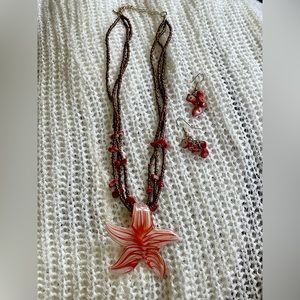 Beaded Necklace/Earring Set with Glass Pendant